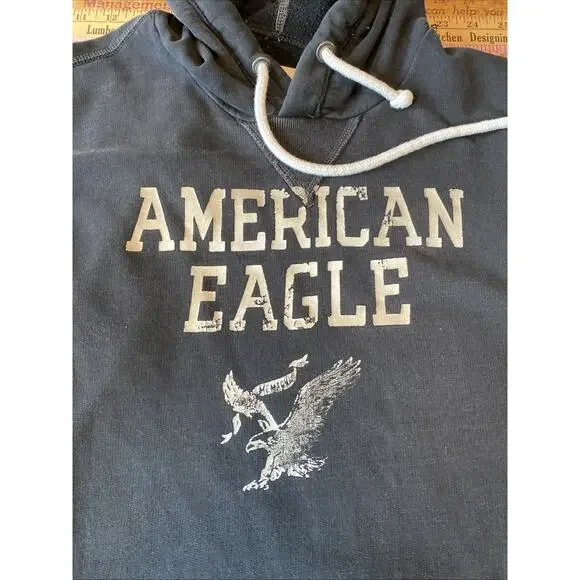Y2K Vtg American Eagle Hoodie Men M Black Pullover Distressed Logo Fleece 1977 - Picture 4 of 8